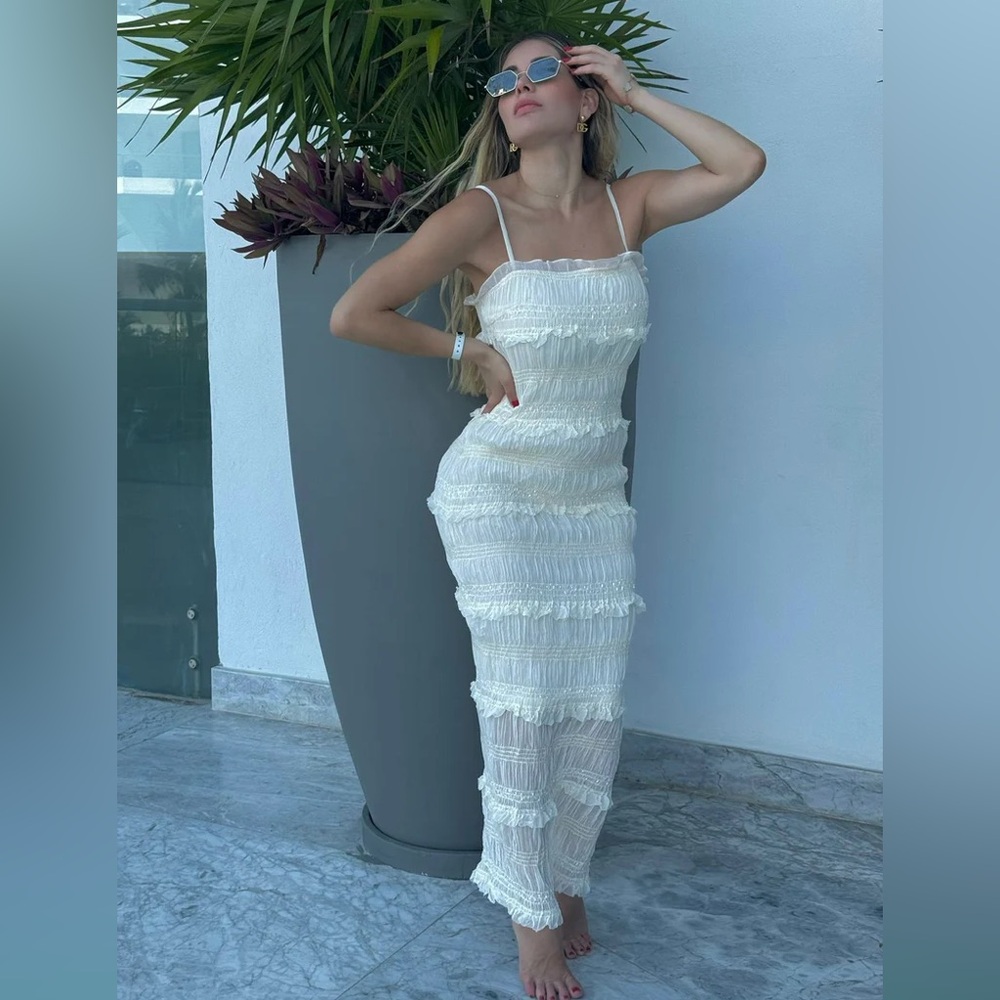 White ruched smocked midi maxi ruffle tiered dress - Picture 5 of 11